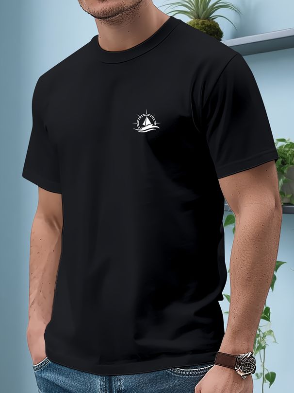 Maglietta Uomo 180g Cotone Puro Girocollo Stampa Barca A Vela Bussola Onda Marina Traspirante Confortevole Top Estivo Taglio Regolare Casual_viptrois.com