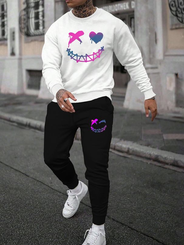 Men's Autumn And Winter Casual Warm Smiling Face Pattern Printed Loose Thick Velvet Round Neck Sports Shirt+sports Pants Set_viptrois.com