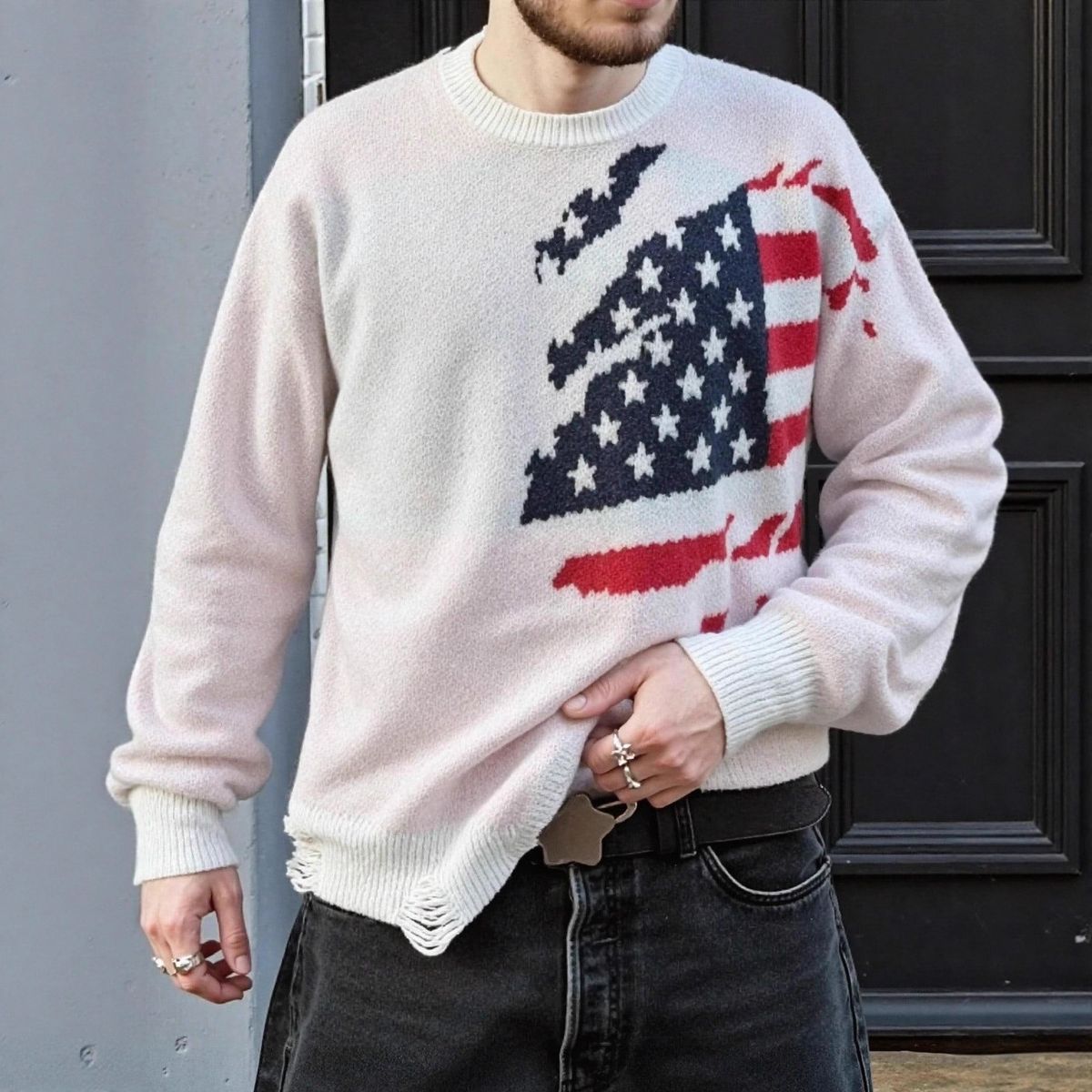 Men's Clothing Sweater Autumn Loose Fit Ripped Crew Neck Long Sleeve American Flag Jacquard Sweater - Distressed Oversized Pullover (Pink)_viptrois.com