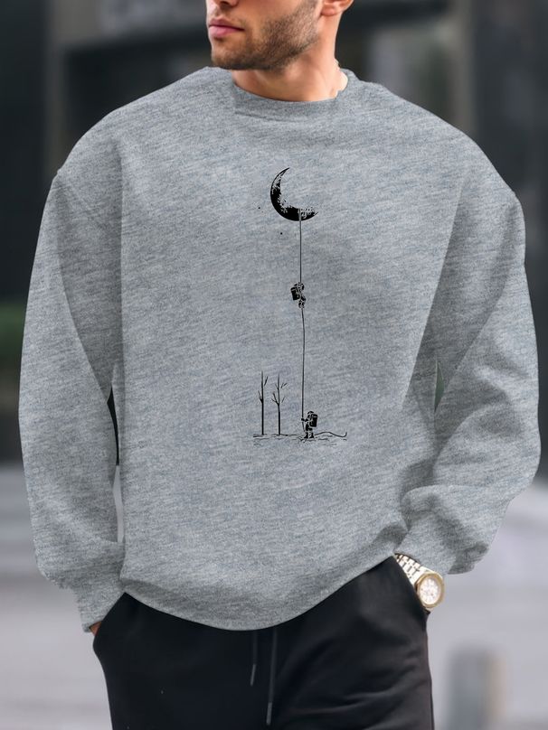 Men's Loose Casual And Fashionable Astronaut Landing Moon Pattern Printed Round Neck Long Sleeved Sportswear For Autumn And Winter_viptrois.com