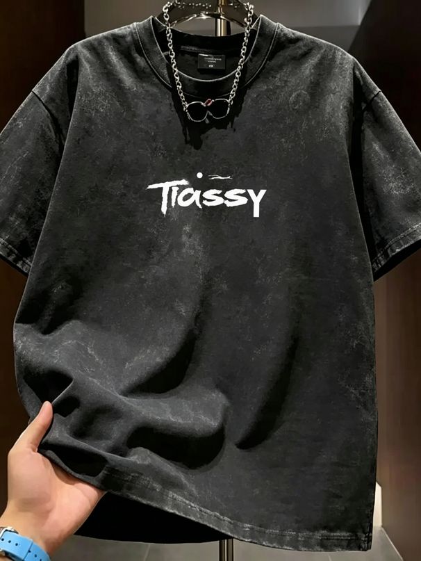 Summer New Washed Short-sleeved T-shirt, Men's Brushstroke Letter Creative Printing Half-sleeved Youth Trend Versatile Casual Loose Base Tee_viptrois.com