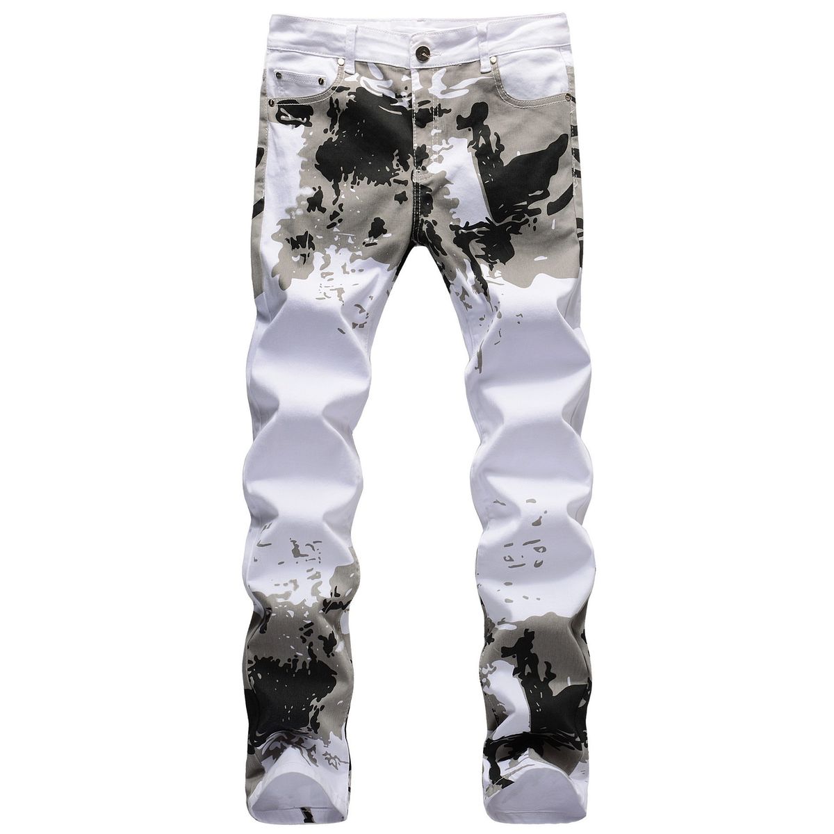 Men's White Camo Print Stretch Jeans Slim Fit Skinny Leg Tactical Style Denim Pants_viptrois.com