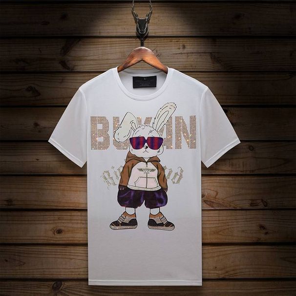 Men's Clothing Short Sleeved T Shirt Hot Diamond Print Rabbit Mature And Steady Half Sleeved Mercerized Cotton Ice Silk High End Large Size_viptrois.com