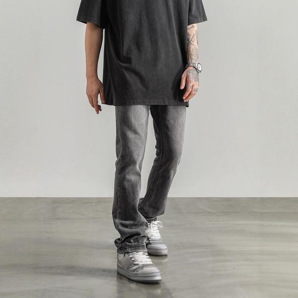 Men's Clothing Retro Washed Distressed Vintage Washed Gray High Street American Retro Jeans - Relaxed Fit Bootcut Denim Pants For Men & Women_viptrois.com