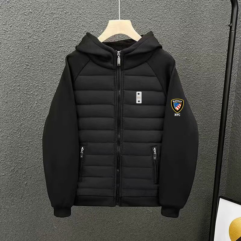 Men's Patchwork Puffer Jacket - Balance Logo Design, Streetwear Winter Coat With Quilted Detailing_viptrois.com