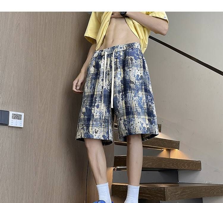 Men's Style Casual Tie Dye Plaid Shorts Summer Thin Loose Sports Capri Pants Trendy Fashionable Beach Wear_viptrois.com