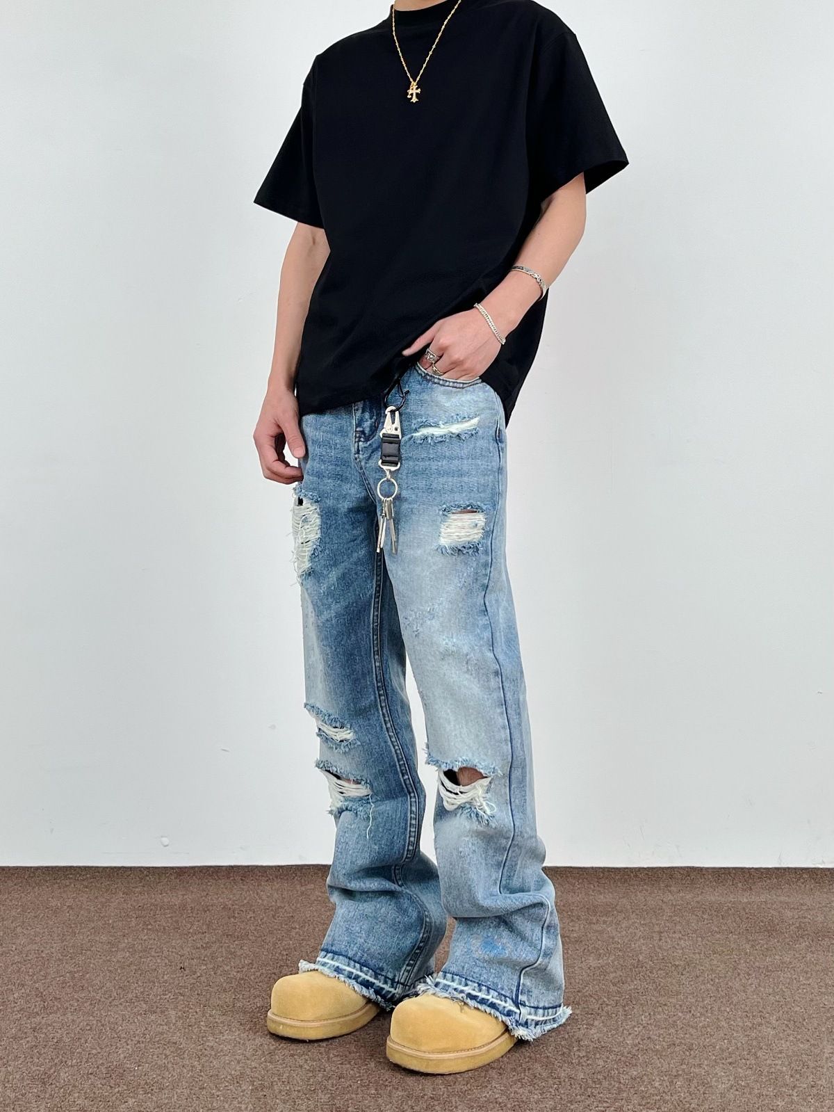 Men's Clothing Street Washed Ripped Tassel Flared Jeans High Street Cleanfit Straight Drape Trousers_viptrois.com