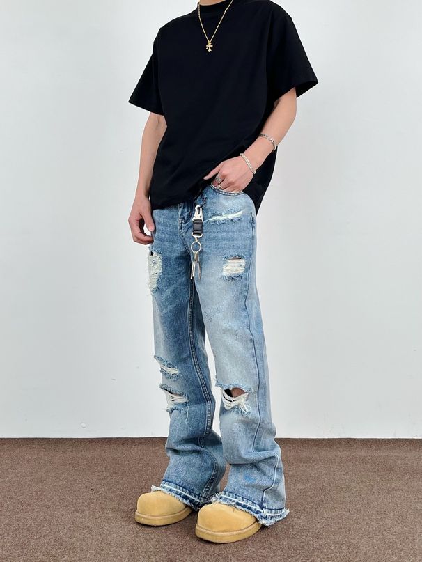 Men's Clothing Street Washed Ripped Tassel Flared Jeans High Street Cleanfit Straight Drape Trousers_viptrois.com