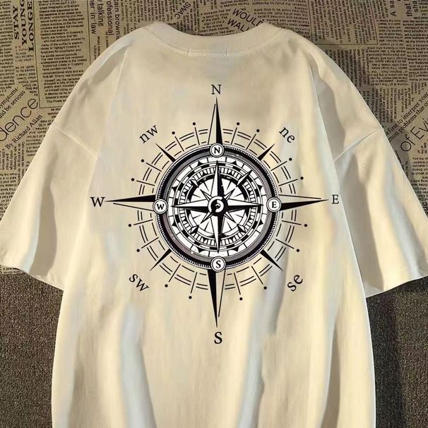 American Compass Print Cotton Short T-Shirt For Men And Women Students Summer Loose Half Sleeve 2025 New Style Top_viptrois.com