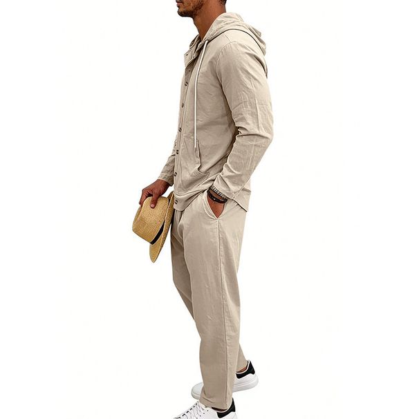 Men's Linen Blend Hooded Shirt Jacket And Relaxed Pants Set | Lightweight Casual Loungewear For Spring And Fall_viptrois.com