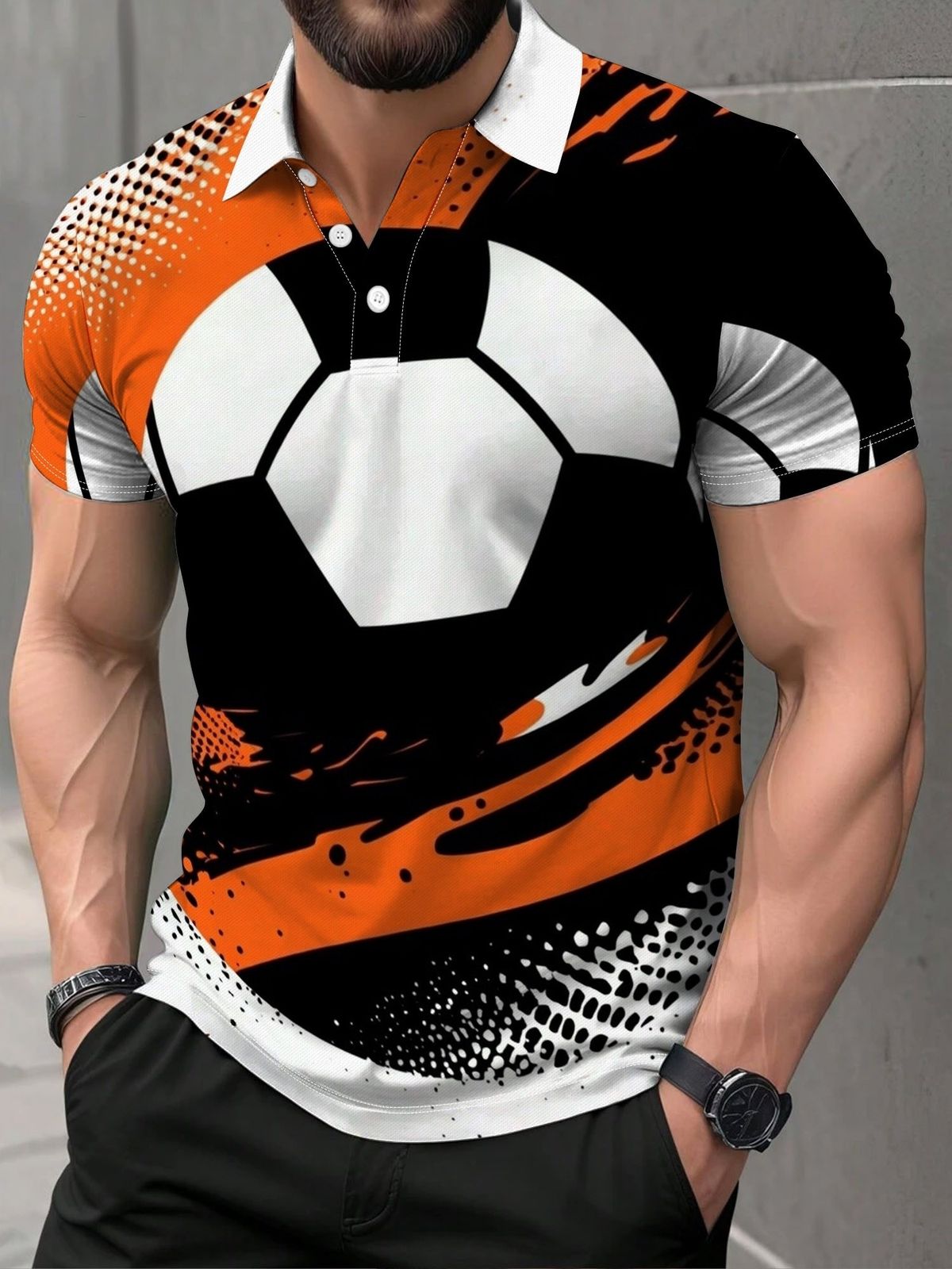 Polo Uomo Taglio Dritto Abbottonato Multicolore Stampa Calcio Fumetti Retrò Arancione Nero Sport Quotidiano_viptrois.com