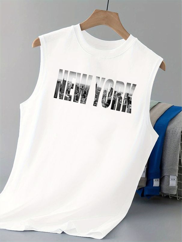 100% Pure Cotton Men's Summer Casual Sports Fitness Loose New York Letter Pattern Printed Breathable Round Neck Sleeveless Vest_viptrois.com