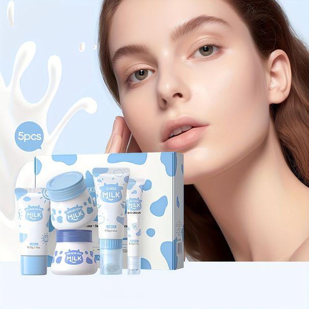 5pcs Milk Suitable For, Including Face Hand Cream, Cleanser, Facial Mask, Daily Skin Care Set, Women'S Moisturizing,_viptrois.com