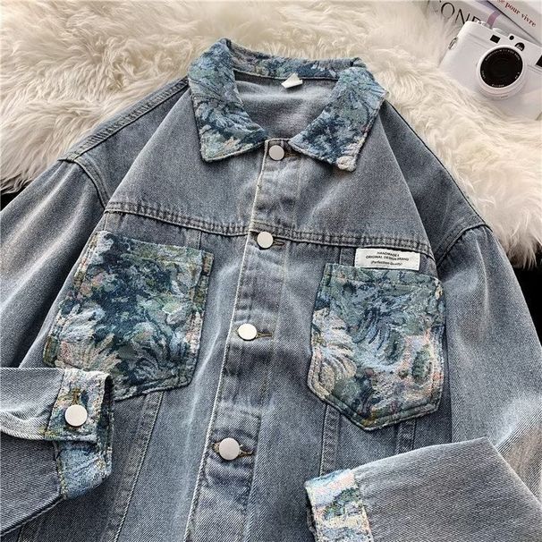 Men's Clothing Spliced workwear denim jacket men autumn and winter loose retro trend high street handsome hip hop casual tops jacket_viptrois.com