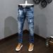 Jean Déchiré Rétro Bleu Pour Hommes, Pantalon En Denim, Slim, Peint, Style Coréen, Vintage, Décontracté_viptrois.com