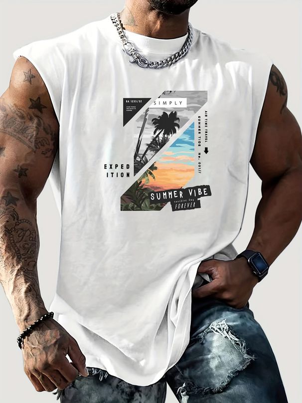 100% Pure Cotton Men's Summer Casual Sports Fitness Loose Beach Landscape Pattern Printed Breathable Round Neck Sleeveless Vest_viptrois.com