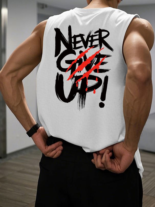 100% Pure Cotton Men's Summer Casual Sports Fitness Loose NEVER GIVE UP Letter Pattern Printed Breathable Round Neck Sleeveless Vest_viptrois.com