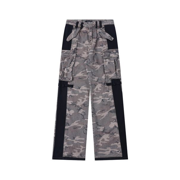 Color Block Patchwork Distressed Camouflage Cargo Men's Large Pocket Vibe Trendy Punk Vintage Loose Straight Pants_viptrois.com