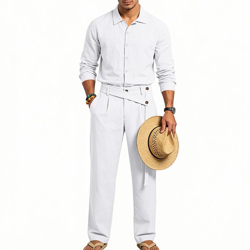 Men's Clothing Men's Linen Lounge Set - Relaxed Lapel Shirt And Comfortable Pants Outfit_viptrois.com