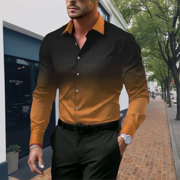 Men's Clothing Men's Slim Fit Ombre Digital Print Long Sleeve Shirt - Breathable Casual Office Wear For Spring & Autumn_viptrois.com
