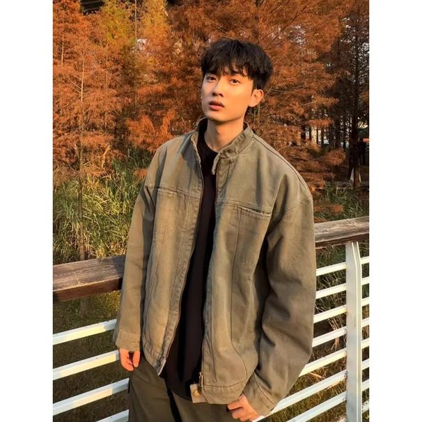American Heavy Industry Washed Worn Stand Up Collar Workwear For Men And Women In Spring, Trendy Brand Loose Casual_viptrois.com