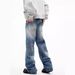 Men's Clothing Fashion Mid Waist Design Lightning Crack Washed Jeans For Men Spring And Autumn Retro Loose Straight Pants_viptrois.com