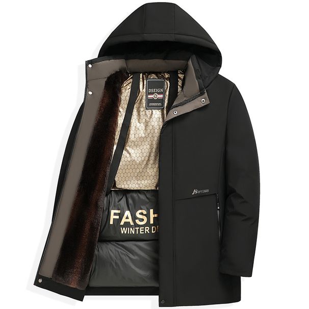 Winter Men's Fleece-Lined Thickened Coat Business Casual Down Jacket Mid-Length Cotton Clothing Men Black Gold Warm_viptrois.com
