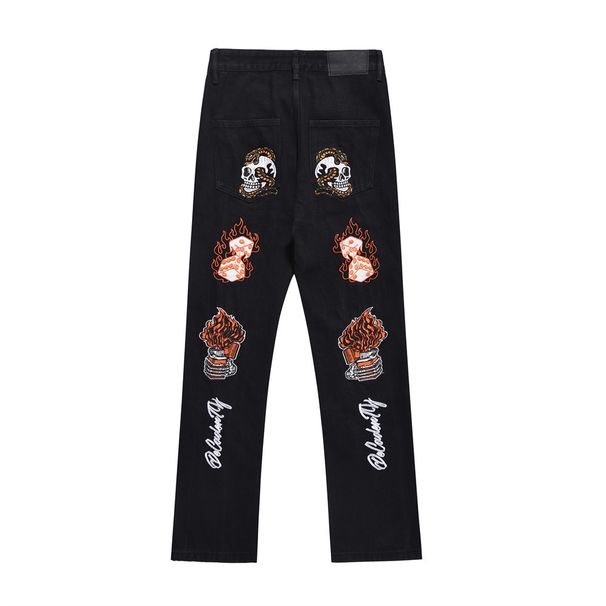 Heavy Embroidery Skull Flame Straight-Leg Jeans For Men Hip-Hop Rock Street Style Personality Loose Washed Long Pants_viptrois.com