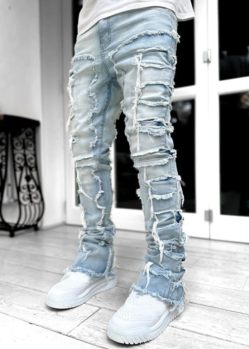 Men's Stretch Denim Jeans Slim Fit Bootcut With Vintage Wash - Casual High Street Fashion (Black, Khaki, Camo Green, Light Blue)_viptrois.com