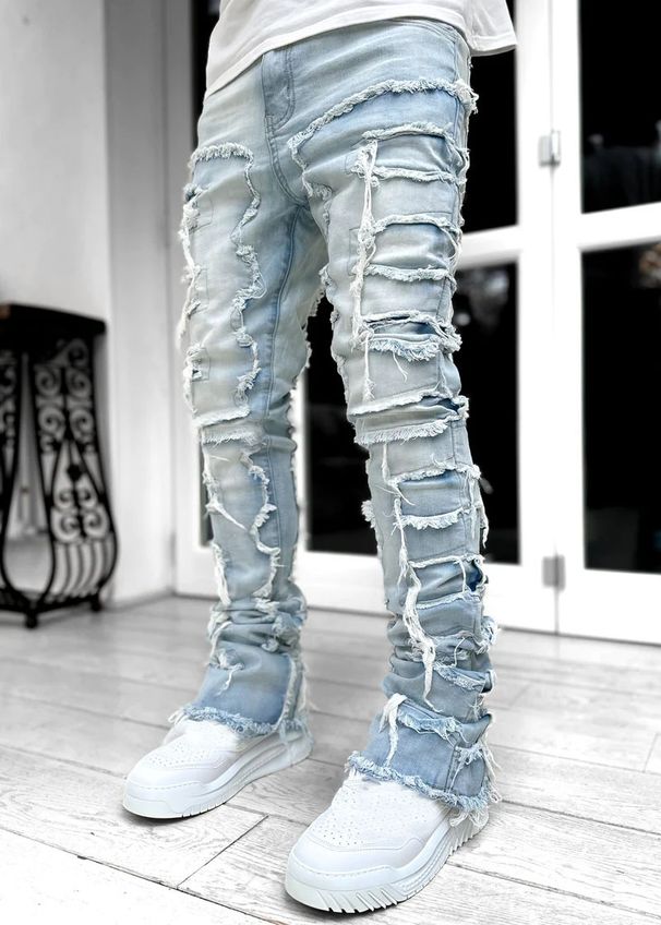 Men's Stretch Denim Jeans Slim Fit Bootcut With Vintage Wash - Casual High Street Fashion (Black, Khaki, Camo Green, Light Blue)_viptrois.com