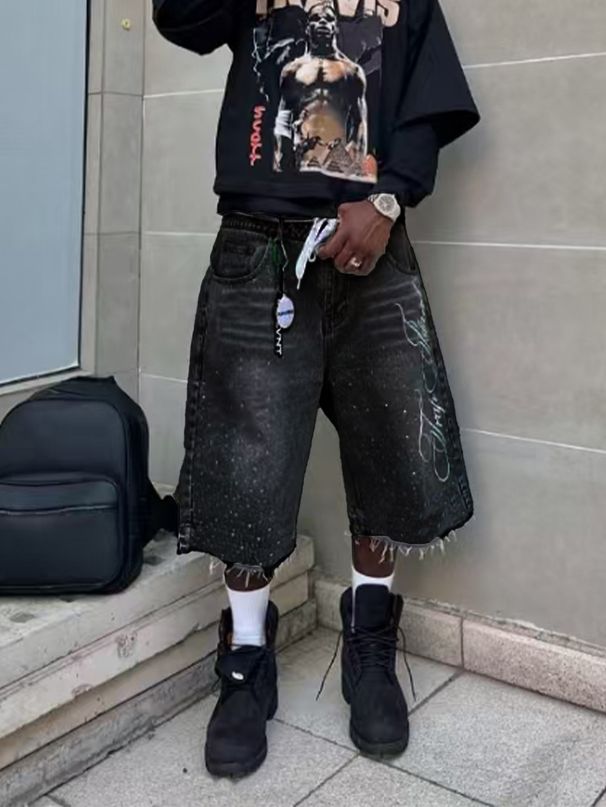 Retro Washed Denim Shorts, Men's And Women's Straight Leg Wide Leg Loose Mid Length Shorts, Five Point Pants_viptrois.com