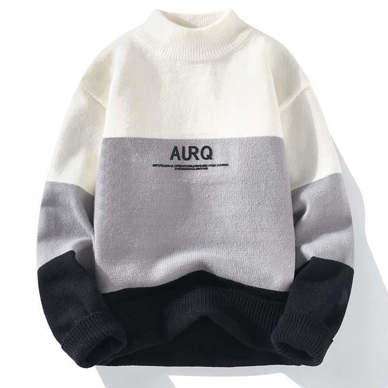 Autumn And Winter Semi High Neck Sweater Men's Warm Knitted Sweater Letter Jacquard Sweater_viptrois.com