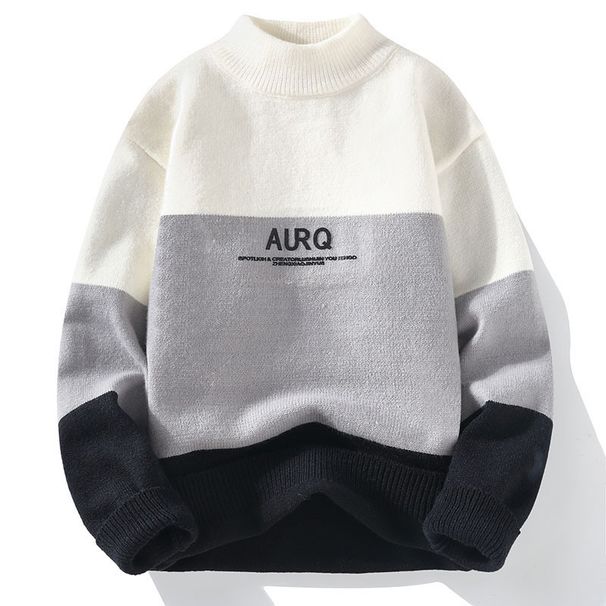 Autumn And Winter Semi High Neck Sweater Men's Warm Knitted Sweater Letter Jacquard Sweater_viptrois.com