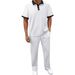 Men's Clothing Jacquard Lapel Color Matching Short Sleeved Shirt Trousers Casual Sports Suit_viptrois.com