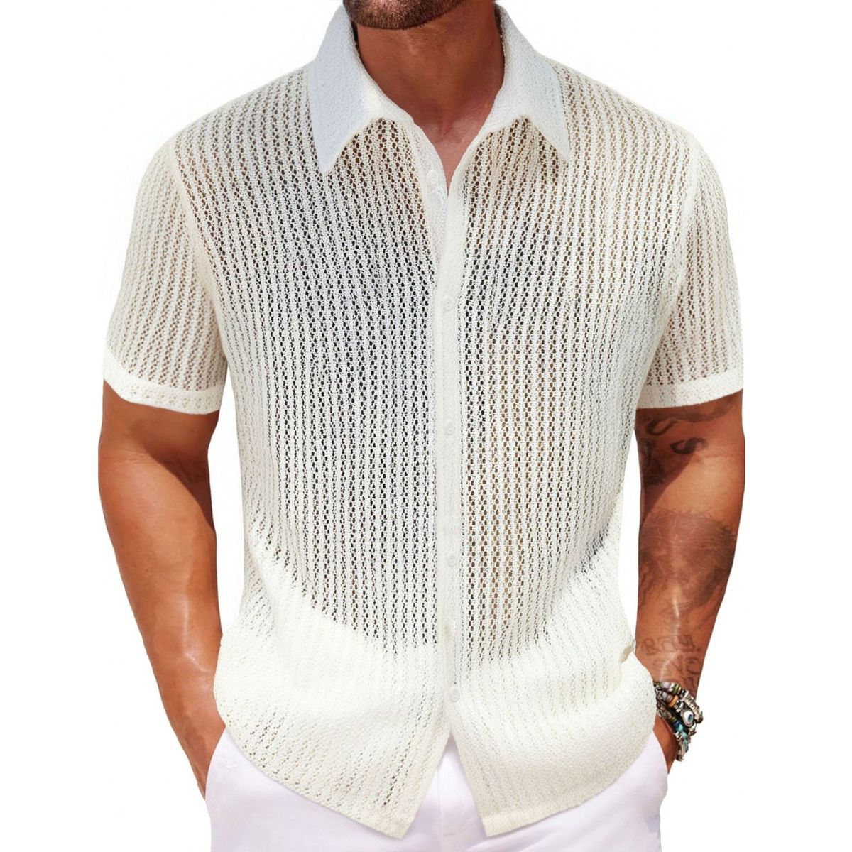 Men's Clothing Foreign Trade Men's Clothing Summer Men's Casual Knitted Shirt New Style Lapel Hollow Breathable Short Sleeved Top A0402_viptrois.com