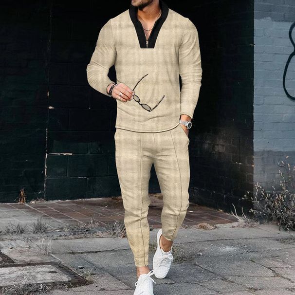 Waffle Long Sleeve Spliced Standing Collar Set Fashion Half Zipper Casual Men's Sportswear suits_viptrois.com