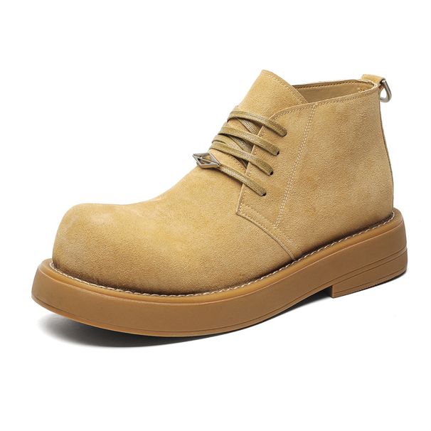 Derby Shoes Men's Platform Big Head Leather Shoes Medium Top Round Head Heightening Big Yellow Boots Leisure College Wind Green Tide Shoes_viptrois.com