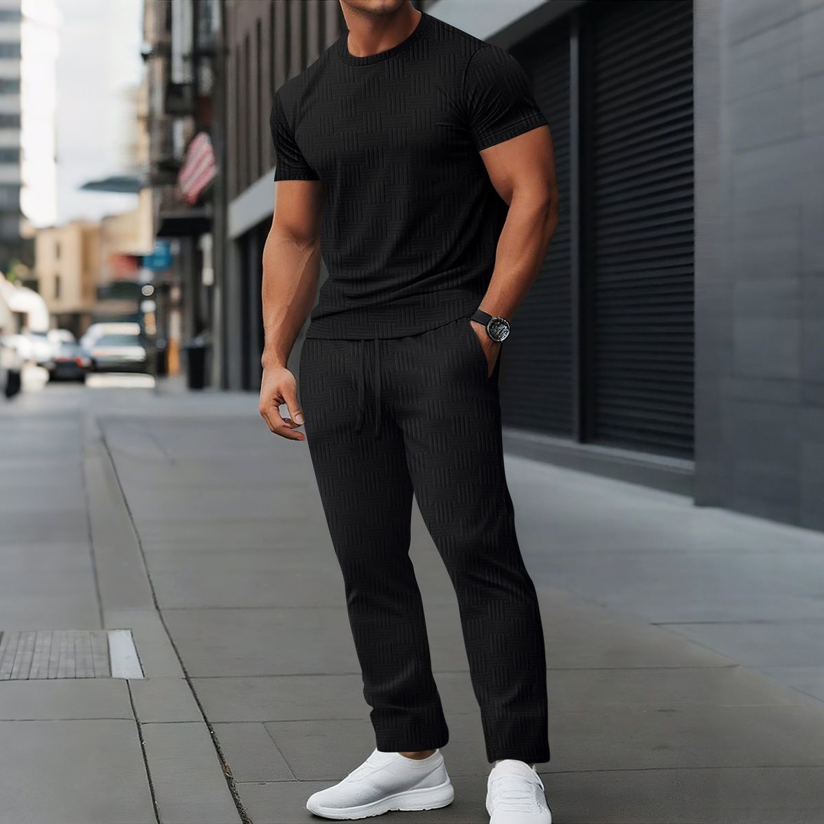 Men's Clothing Loose Outdoor Leisure Solid Color Jacquard Round Neck Short Sleeved Trousers Suit_viptrois.com