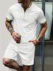 Waffle Zipper Stand Collar Color Matching Short Sleeved Shorts Men's Casual Outdoor Suit_viptrois.com
