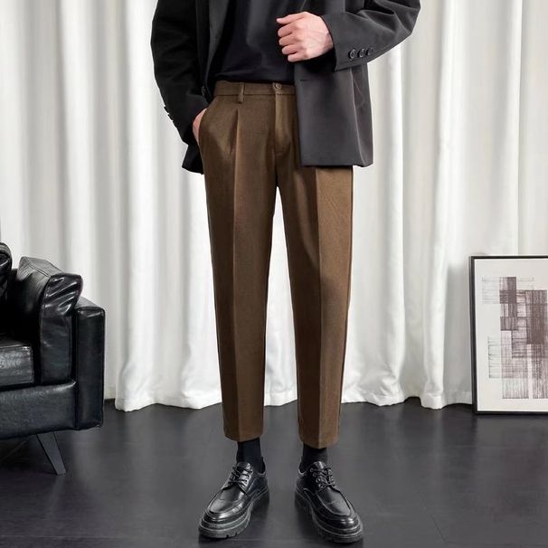 Men's Clothing New Slim Fit Temperament Winter Literary Woolen Men's Casual Youth Popular Solid Color Nine Point Pants Trousers_viptrois.com