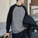 Pure Autumn Winter Knitted Sweater Round Neck Men's Color Block Loose Long Sleeve Top Trendy Japanese Style Versatile Blue_viptrois.com