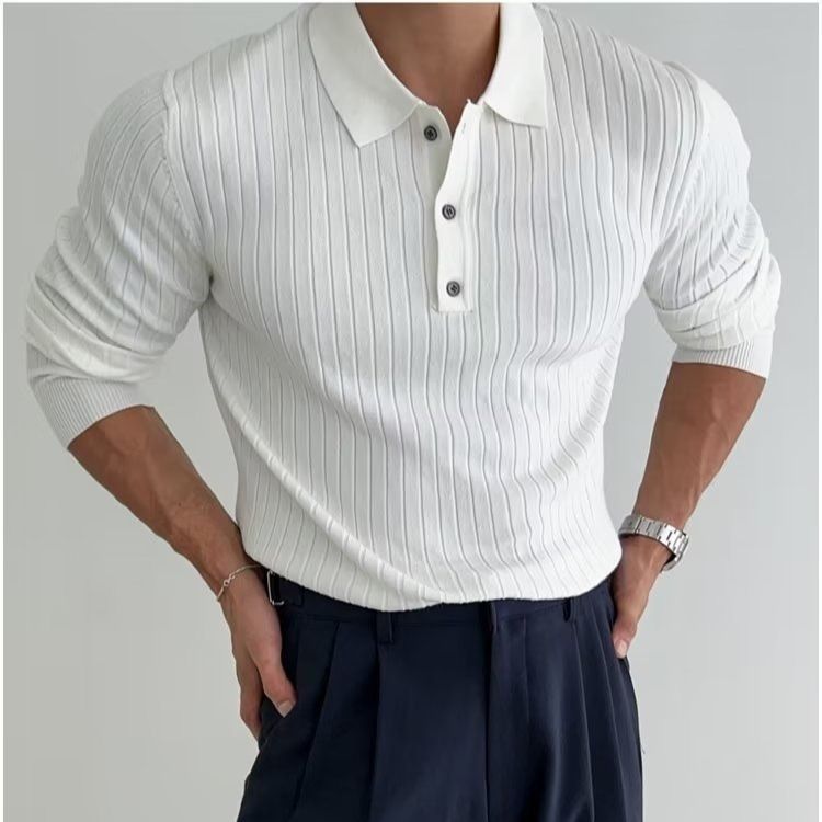American Tough Guy Knitted Polo Shirt Muscle Men's Slim Long Sleeved Sweater T Shirt Lapel Pit Stripes Autumn And Winter New Warm_viptrois.com