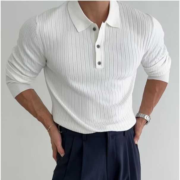 American Tough Guy Knitted Polo Shirt Muscle Men's Slim Long Sleeved Sweater T Shirt Lapel Pit Stripes Autumn And Winter New Warm_viptrois.com