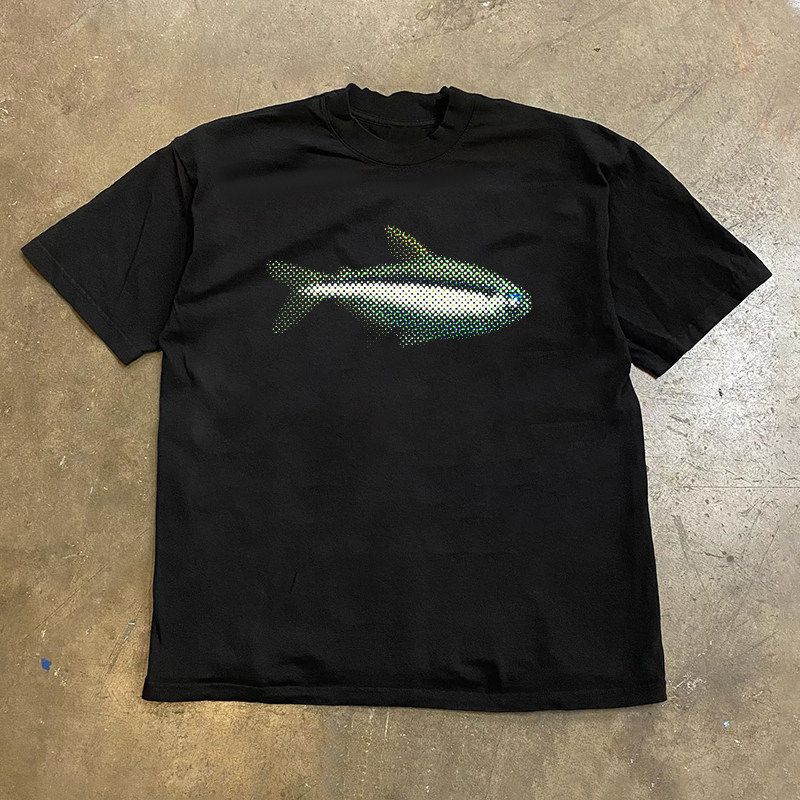 Heavyweight Pure Cotton Oversized T-Shirt Style Small Fish Print Loose Fitting Short Sleeved For Couples Trendy Men Women 250g_viptrois.com