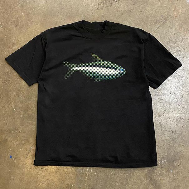 Heavyweight Pure Cotton Oversized T-Shirt Style Small Fish Print Loose Fitting Short Sleeved For Couples Trendy Men Women 250g_viptrois.com