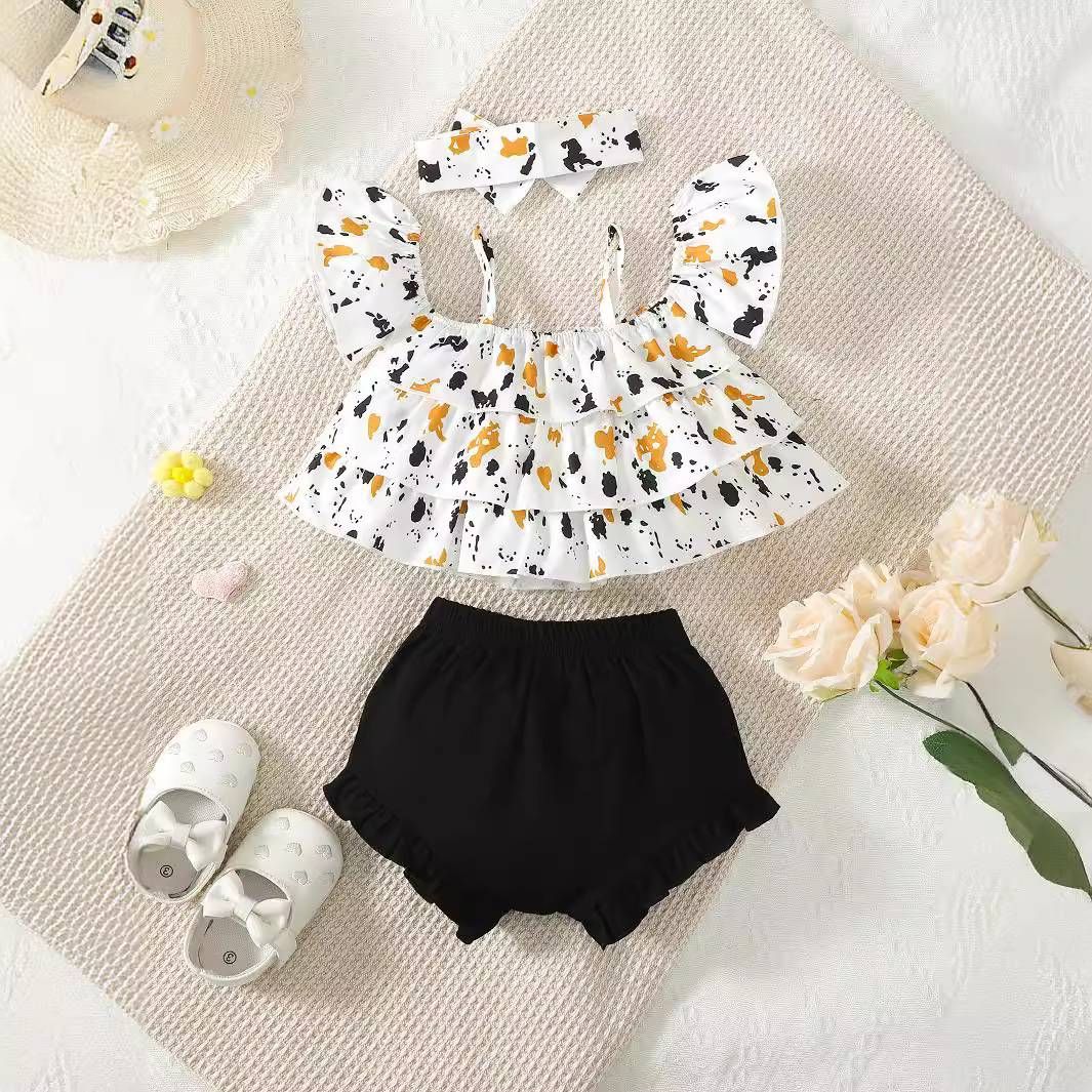 Platform Cross Border Supply Of Baby Girl Sleeveless Suspender Printed Top And Solid Color Triangle Shorts Set_viptrois.com