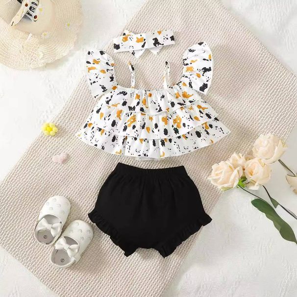 Platform Cross Border Supply Of Baby Girl Sleeveless Suspender Printed Top And Solid Color Triangle Shorts Set_viptrois.com