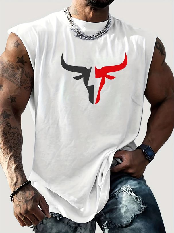100% Pure Cotton Men's Summer Casual Sports Fitness Loose Bull Pattern Printed Breathable Round Neck Sleeveless Vest_viptrois.com