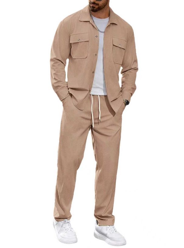 Men's Casual Jacket & Pants Set – Button-Up Stand Collar With Utility Pockets (Relaxed Fit For Everyday Wear)_viptrois.com