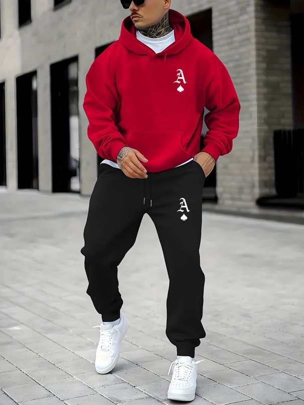 Men's Autumn And Winter Casual Fashion Poker Card A Pattern Print Loose Suede Thick Hooded Sweatshirt+sports Pants Set_viptrois.com